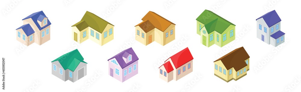 Detached House or Residence as Free-standing Building Isometric Vector Set Detached House or Residence as Free-standing Building Isometric Vector Set