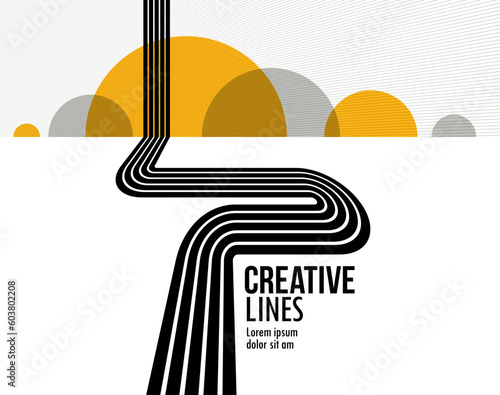 Future lines in 3D perspective vector abstract background, black and yellow linear composition, road to horizon and sky concept, optical illusion op art.