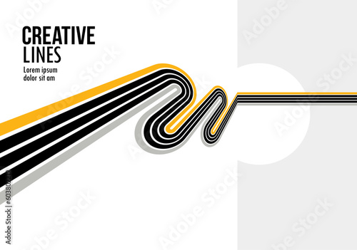 Future lines in 3D perspective vector abstract background, black and yellow linear composition, optical illusion op art.