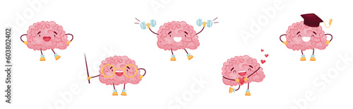 Funny Pink Brain with Arms and Legs Vector Set