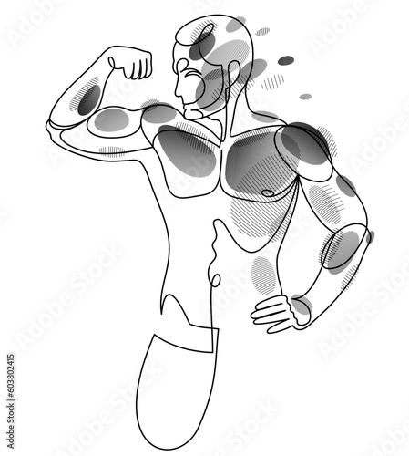 Linear drawing of a perfect body fit model man posing vector illustration isolated, muscular macho sexy guy with naked torso topless.