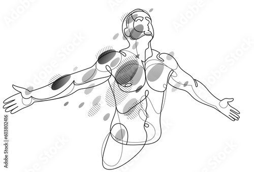 Man with spread hands showing pose of freedom like feeling that he can fly, vector linear illustration, emotional concept of feel free and happy.