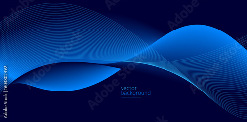 Smooth flow of wavy shape with gradient vector abstract background, dark blue design curve line energy motion, relaxing music sound or technology.