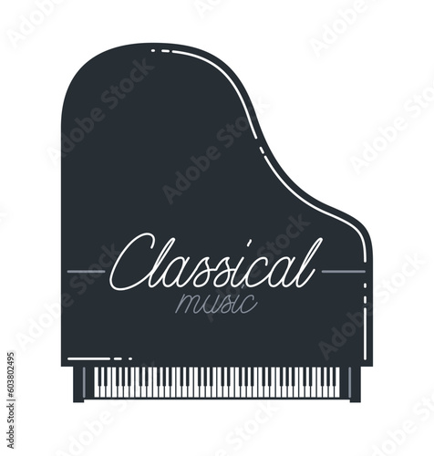 Classical music emblem or logo vector flat style illustration isolated, piano logotype for recording label or festival or musical orchestra.