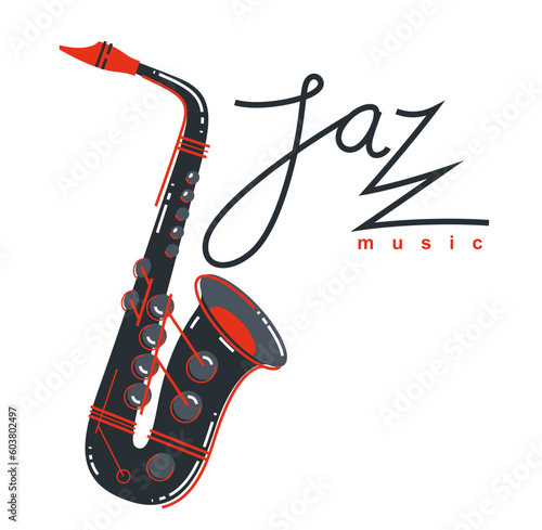 Jazz music emblem or logo vector flat style illustration isolated, saxophone logotype for recording label or studio or musical band.