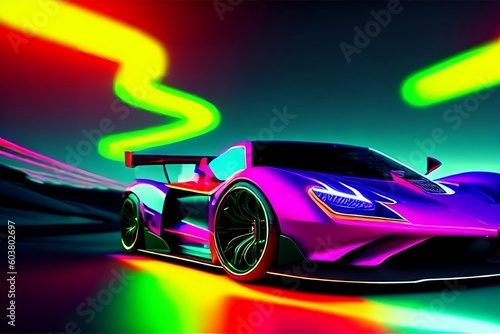 Hypercar Traveling Powerful acceleration On Neon Highway a night track with colorful lights and trails. 3d illustration. Generatve Ai
