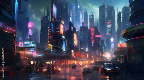 A cyber city filled with holographic billboards. Generative AI. © Alec