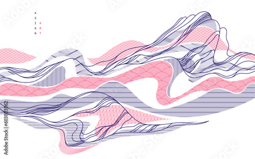 Oriental Japanese style vector abstract illustration, background in Asian traditional style, wavy shapes and mountains terrain, runny like sea lines.