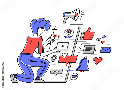 Work in social media, influencer messaging and comment some posts vector outline illustration, support service, work with customers and audience.