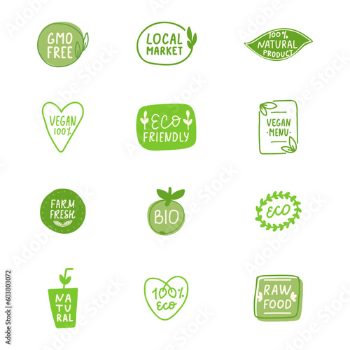 Non GMO labels. Organic cosmetic. GMO free icons. Healthy food concept. Eco, vegan, bio hand drawn tag. Beauty product package. Sustainable life. Vector illustration