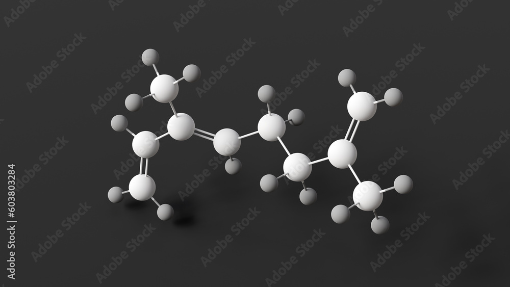 ocimene molecule, molecular structure, alpha-ocimene, ball and stick 3d model, structural chemical formula with colored atoms ocimene molecule, molecular structure, alpha-ocimene, ball and stick 3d model, structural chemical formula with colored atoms
