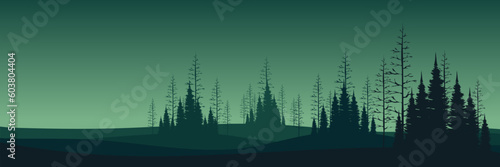 pine tree silhouette in green fresh mountain landscape flat design vector illustration good for web banner, ads banner, tourism banner, wallpaper, background template, and adventure design backdrop