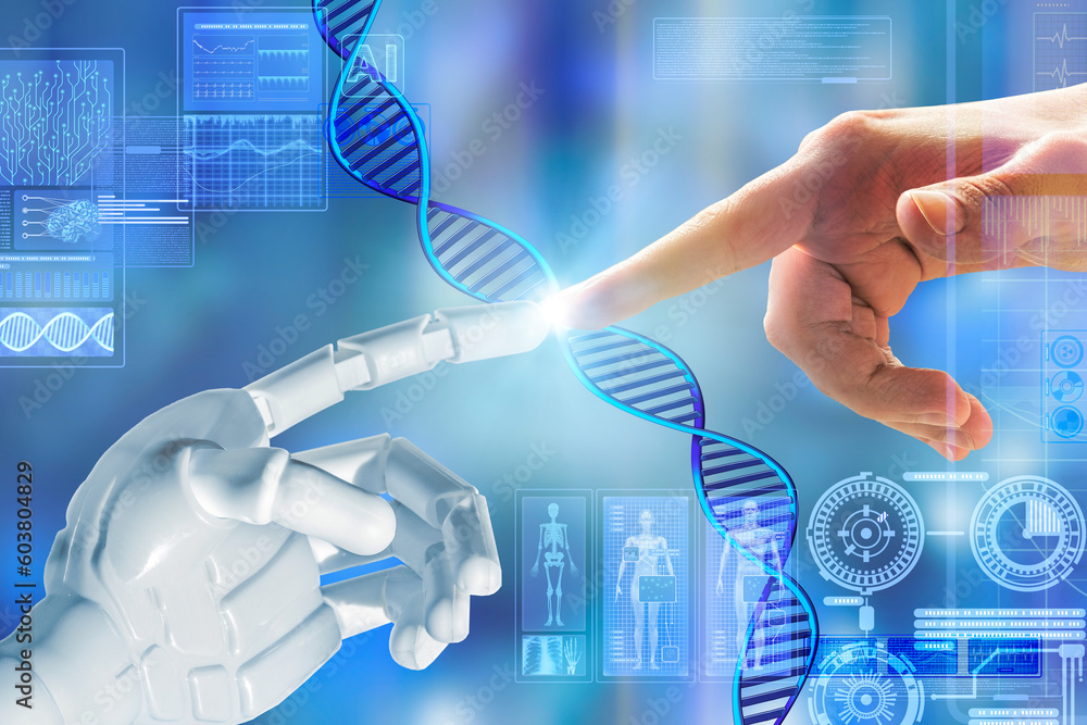 Microbio Robit Plastic robot arm, and human hand pointing at DNA. Futuristic ...