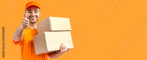 Delivery man with a box, thumb up. Courier in uniform cap and t-shirt service fast delivering orders. Young guy holding a cardboard package. Character on isolated white background for mockup design photo