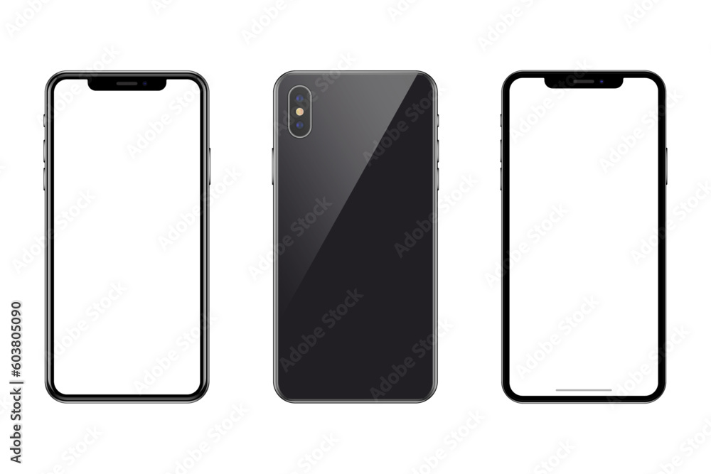 Set of phones on transparent background with transparent screen. Realistic reflection. Vector illustration. Set of phones on transparent background with transparent screen. Realistic reflection. Vector illustration.