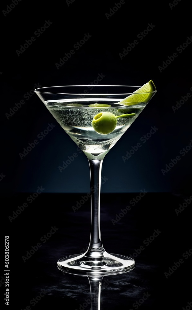 Elegant and clean Martini Cocktail shot on dark background created with Generative AI technology