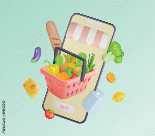 3d Fresh Vegetables and Fruits Online Shopping Concept Cartoon Style Include of Mobile Phone and Full Shopping Basket. Vector illustration
