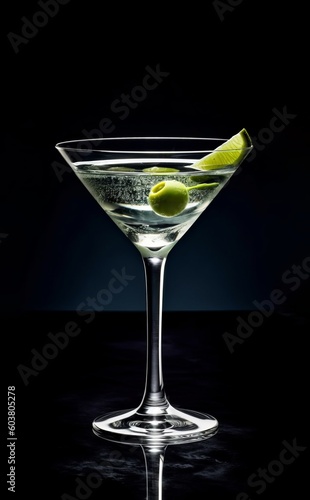 Elegant and clean Martini Cocktail shot on dark background created with Generative AI technology
