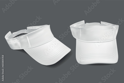 Realistic Detailed 3d White Visor Cap Set for Baseball, Tennis and Golf. Vector illustration of Sport Headdress photo