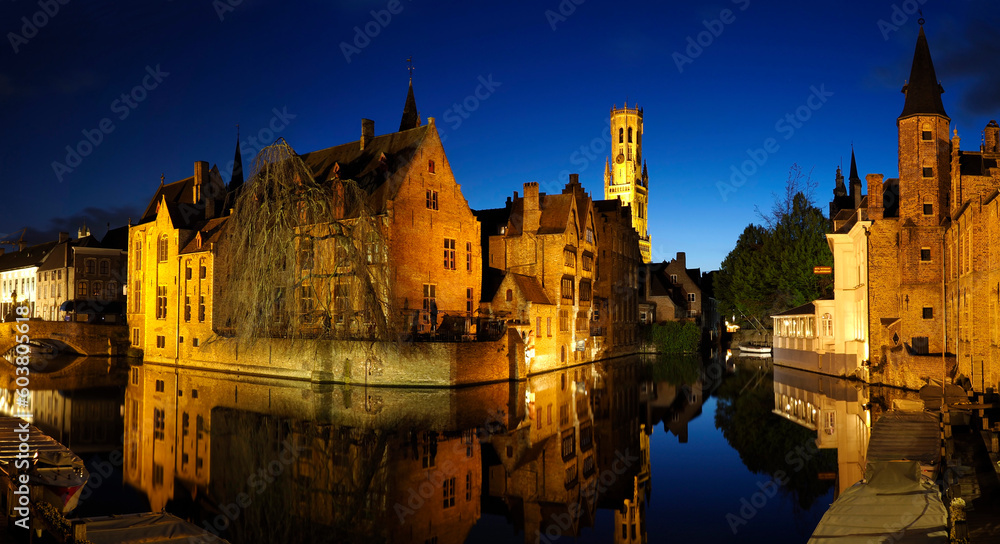 Belgium, Bruges, classic Belfry canal view dusk