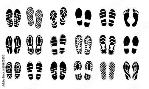 Set of different footsteps and shoe sole footprints isolated on white background. Vector collection of barefoot and footwear tracks. A black and white trail of a human walk imprinted on the ground.