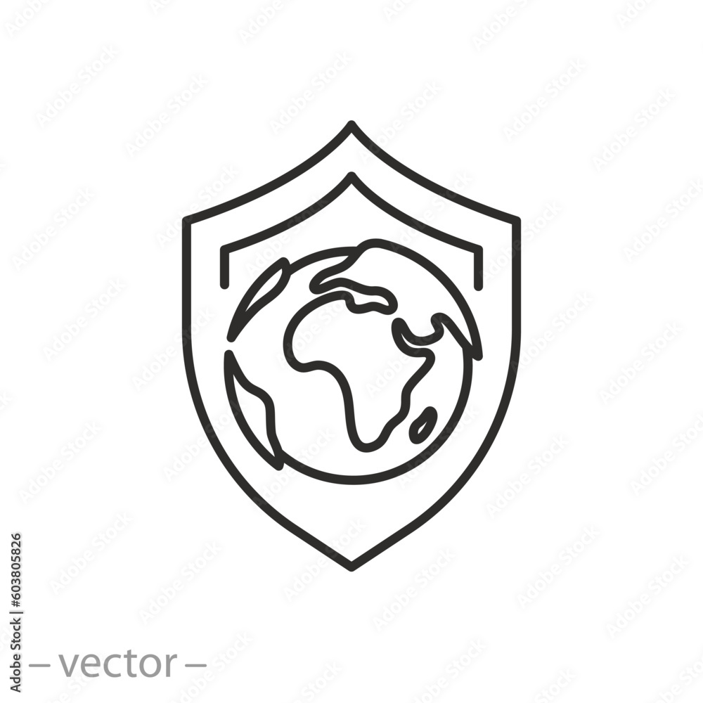 world secure icon, globe with shield, global insurance or protection, thin line symbol - editable stroke vector illustration world secure icon, globe with shield, global insurance or protection, thin line symbol - editable stroke vector illustration