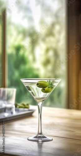 homemade martini drinkwith two olives floating in a bar kitcken with natural light created with Generative AI technology photo