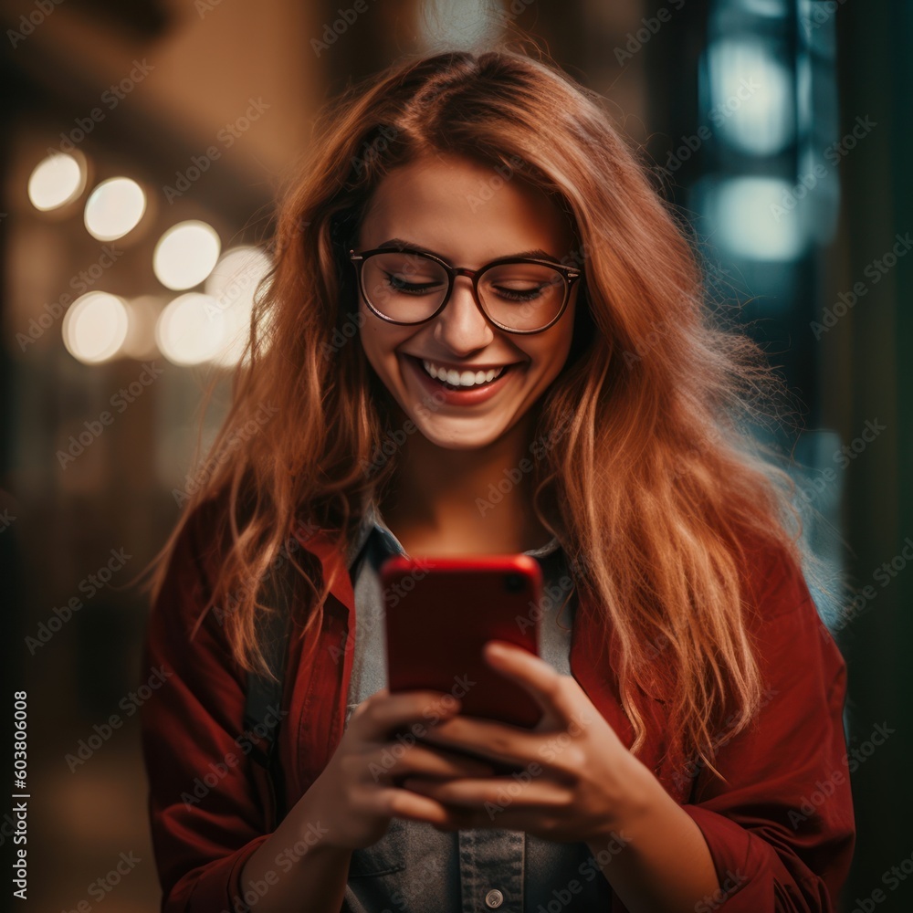 Beautifuln woman looking at the phone, happy smile, color background. Business photo or background. Generative AI Beautifuln woman looking at the phone, happy smile, color background. Business photo or background. Generative AI