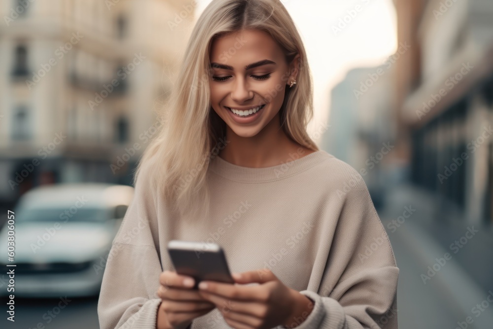 Beautifuln woman looking at the phone, happy smile, color background. Business photo or background. Generative AI Beautifuln woman looking at the phone, happy smile, color background. Business photo or background. Generative AI