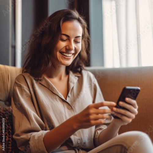 Beautifuln woman looking at the phone, happy smile, color background. Business photo or background. Generative AI photo