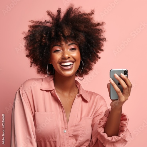 Beautiful african woman looking at the phone, happy smile, color background. Business photo or background. Generative AI