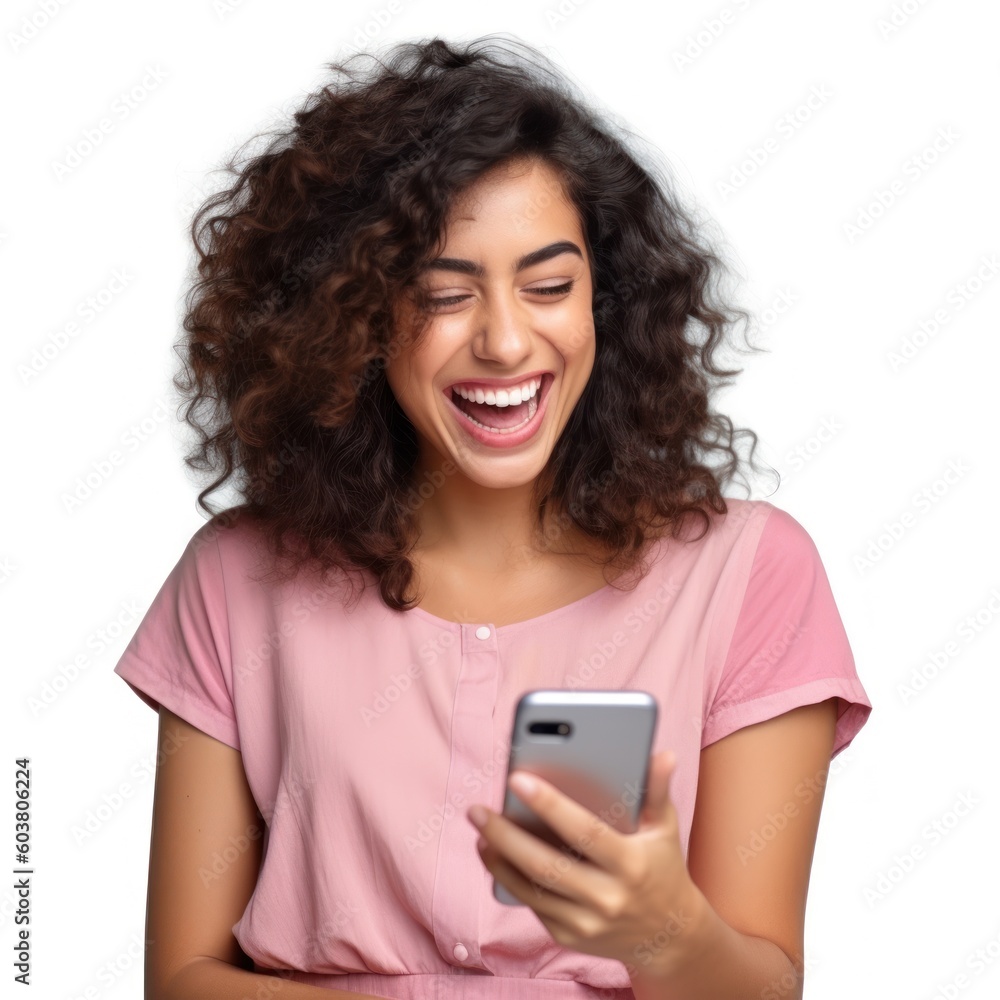 Beautifuln woman looking at the phone, happy smile, color background. Business photo or background. Generative AI Beautifuln woman looking at the phone, happy smile, color background. Business photo or background. Generative AI