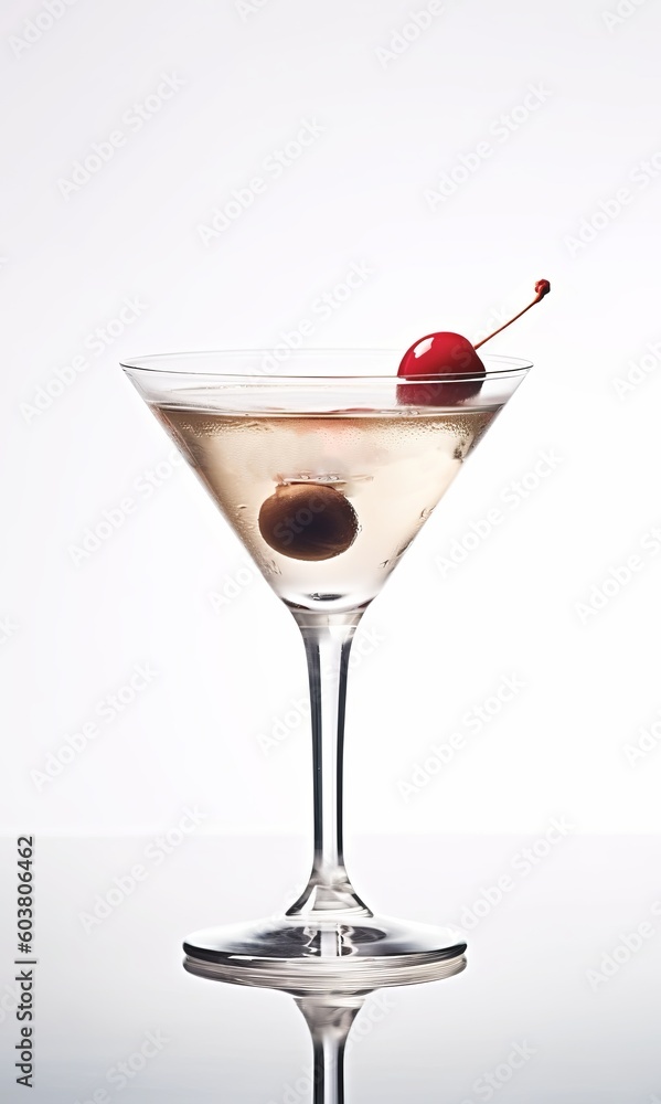 Martini Cocktail with olive and cherry on the top in white background created with Generative AI technology Martini Cocktail with olive and cherry on the top in white background created with Generative AI technology