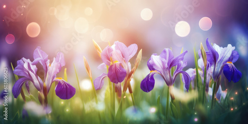 Iris flowers. Purple and violet irises in green grass, blurred background. Beautiful floral background for greeting card for Mother's day, Birthday, Father day, Wedding. Generative ai illustration