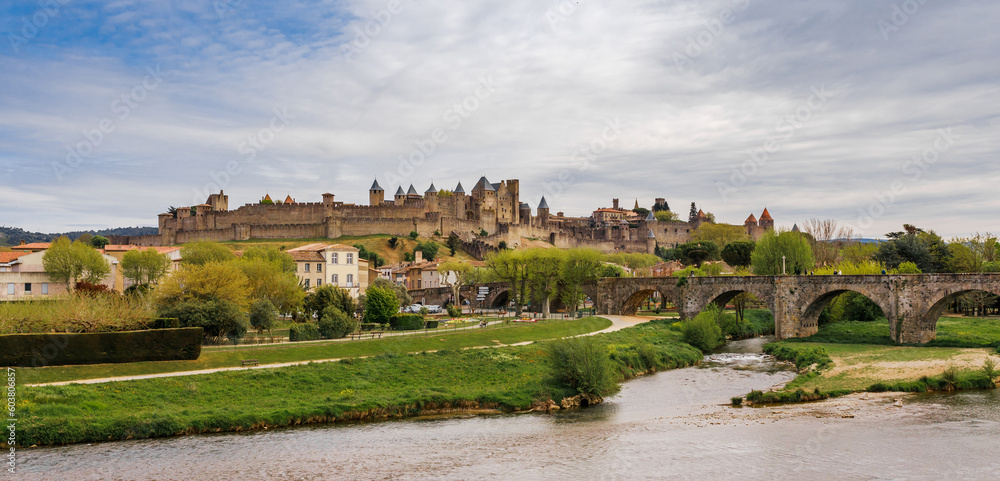 View with french ancient castle Carcassonne in France, South Europe