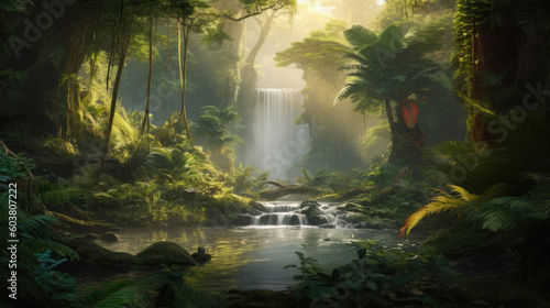 A breathtaking shot of a waterfall in a lush forest, created with Generative AI technology
