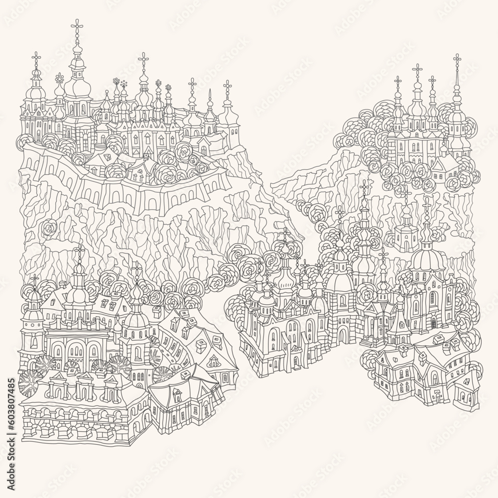 Vector fantasy landscape, fairy tale small town buildings, church and trees on a beige background. Adults and Children Coloring Book page 
