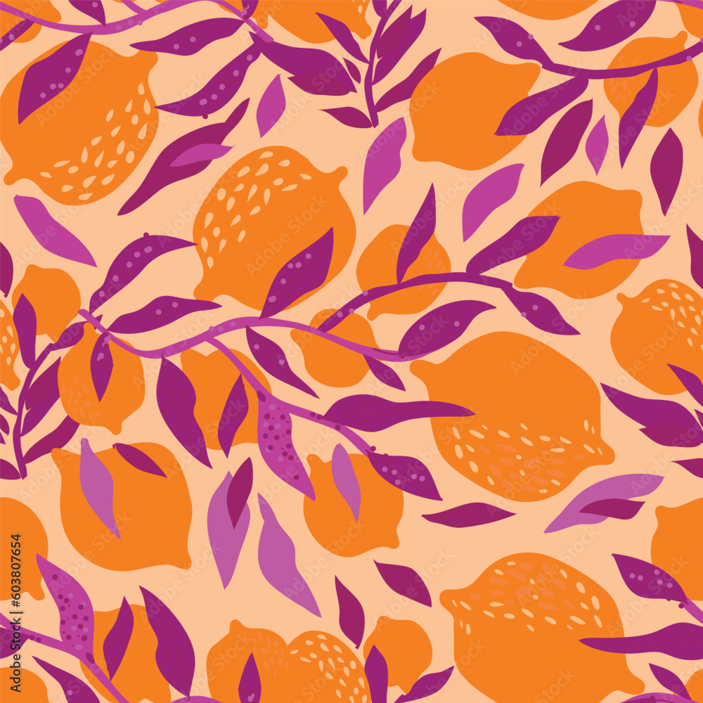 Lemon fruit summer seamless pattern background with fantasy tropical ...