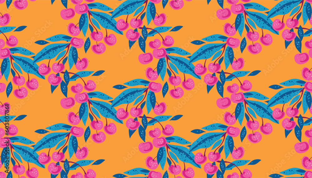 Cherry berry art seamless pattern background with fantasy summer tropical fruits Cute vector hand drawn doodle illustration for packaging design, cover, packages, clothing, textile Cherry berry art seamless pattern background with fantasy summer tropical fruits Cute vector hand drawn doodle illustration for packaging design, cover, packages, clothing, textile
