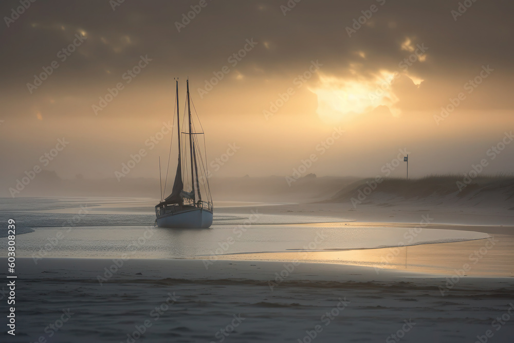 at sunset sailboat, yacht on the sea, ocean or lake. dawn in the haze of fog. ai generative.