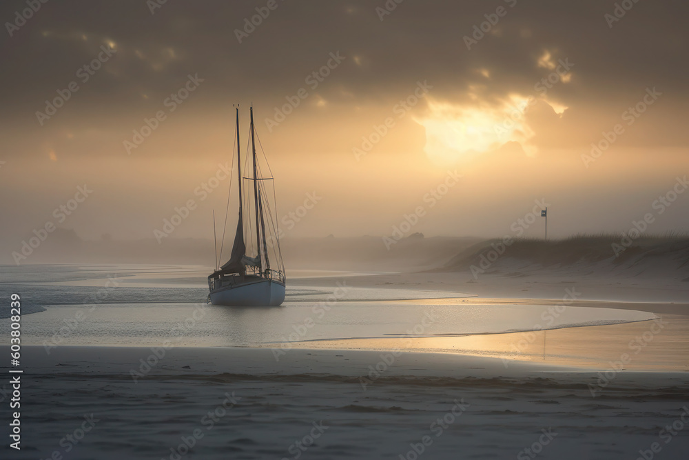 Fototapeta premium at sunset sailboat, yacht on the sea, ocean or lake. dawn in the haze of fog. ai generative.