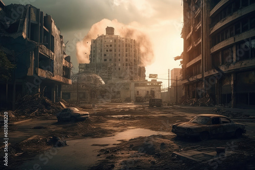 explosion in the destroyed city. abandoned, broken houses. consequences of war and earthquake. ai generative