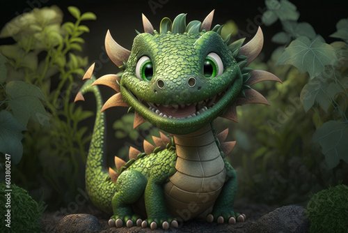 a small  cute green dragon in the grass. flowers and lights. spring or summer. AI Generative