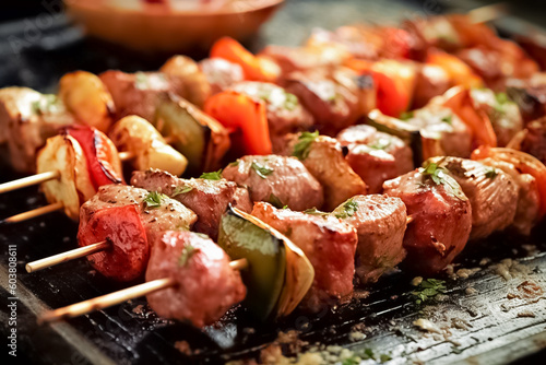 Delicious grilled meat skewers with vegetables, shashlik. BBQ time. Barbecue party. 
