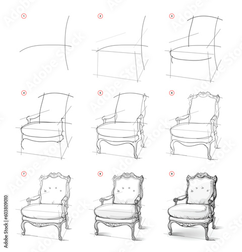 Page shows how to learn to draw sketch an old baroque armchair. Pencil drawing lessons. Educational page for artists. Textbook for developing artistic skills. Online education. Vector illustration.