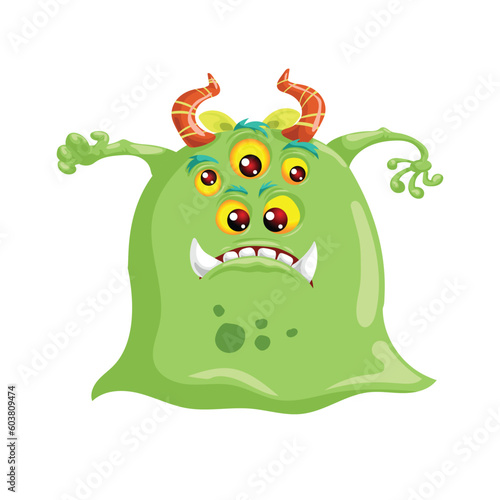 Cartoon green multy eyed cute monster. Best for monster party designs. Vector illustration.