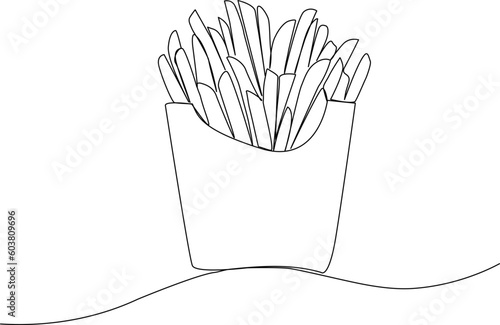 Fried potato sticks in modern single line drawing style,  in continuous line art. Vector illustration