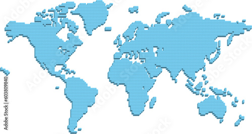 A world map made up of 3d pillars. Bottom layer in vector file is flat squares which can be used instead or in conjunction with 3d parts!