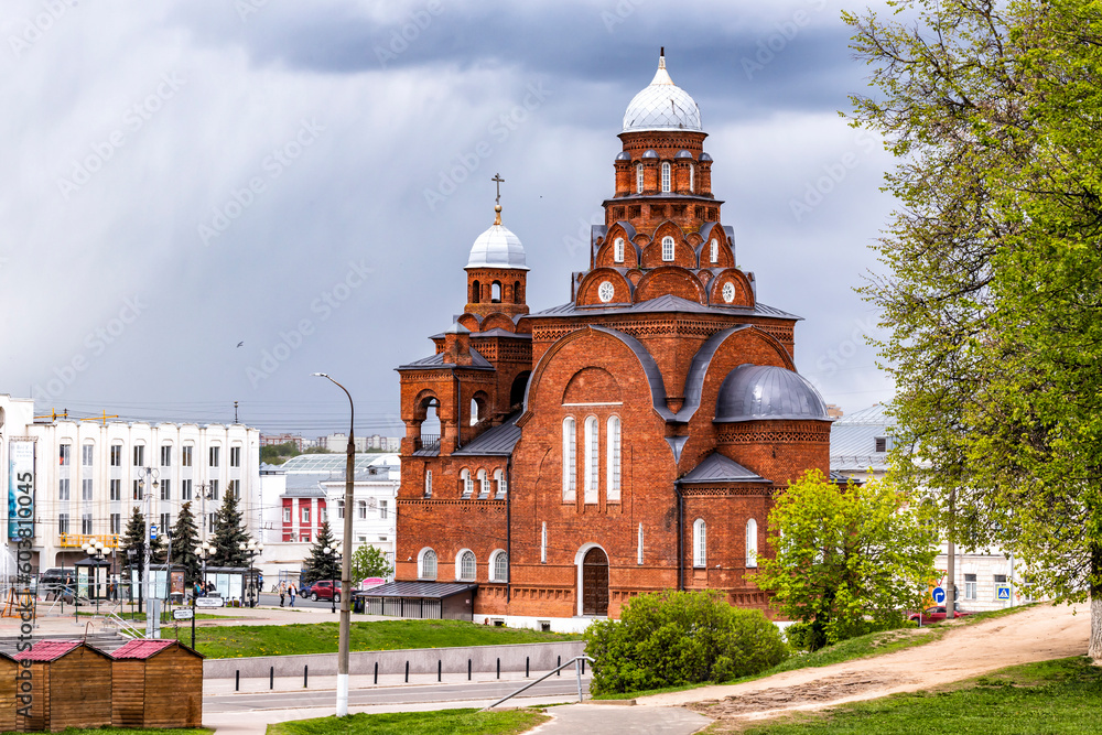 Red brick Trinity church in Vladimir, Russia