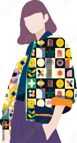 Women, flat vector illustration with Bauhaus pattern inspired jacket.